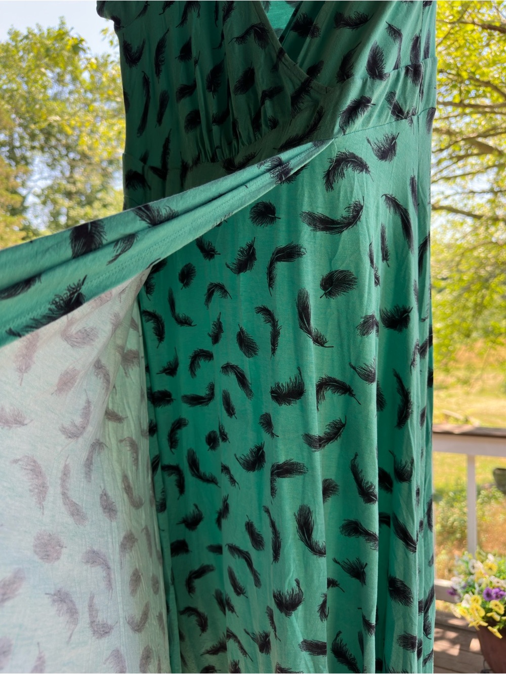 Torrid Teal Feather-Print Fake Wrap dress - Picture 3 of 4